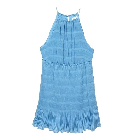 Rebecca Taylor Pleated Voile Short Dress Size Large Cerulean Blue Halter New NWT - Picture 2 of 13